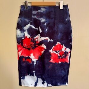 Fashion Milano|NEW Floral Poppy Navy/Red/Black Knee Length Pencil Skirt Sz M